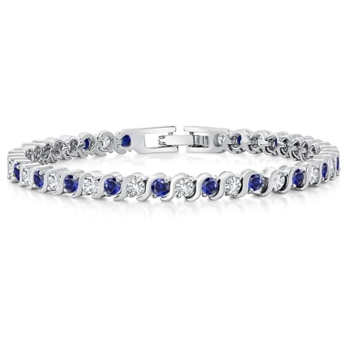 Gem Stone King 3MM Simulated Blue Sapphire and Sparkling White Cubic Zirconia Tennis Bracelet for Women | 14K Gold Plated | 4.50 Cttw | Size 7 Inch | Choice of Color - color: Blue