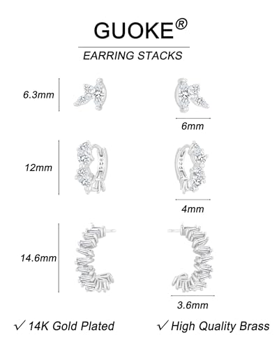 3 Pairs Earring Stacks, Gold Earring Set Jewelry Gift for Women | Small, 14K Gold/White Gold/Black/Rose Gold Plated, Hypoallergenic, Her, Everday, Stackable, Simple, 3 Holes - color: Silver-Geometric