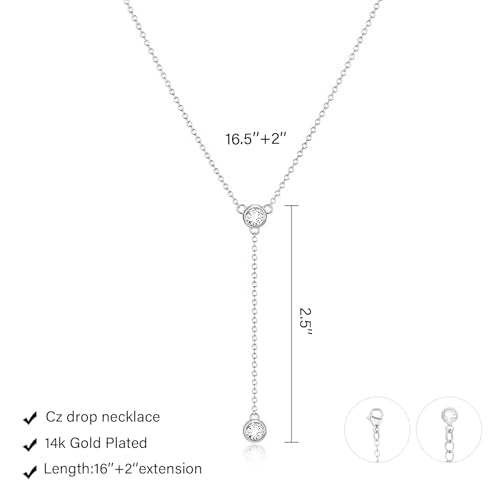 LULII Gold Necklace for Women Trendy Lariat Y Necklace Dainty 14k Gold Plated/Silver Long Necklaces for Women Layered Beaded Drop Necklaces Simple Y-Shaped Chain Jewelry Gifts - color: Y CZ Necklace-Silver