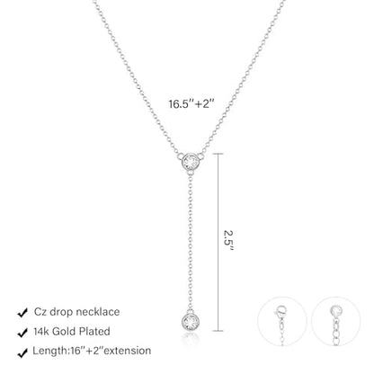 LULII Gold Necklace for Women Trendy Lariat Y Necklace Dainty 14k Gold Plated/Silver Long Necklaces for Women Layered Beaded Drop Necklaces Simple Y-Shaped Chain Jewelry Gifts - color: Y CZ Necklace-Silver