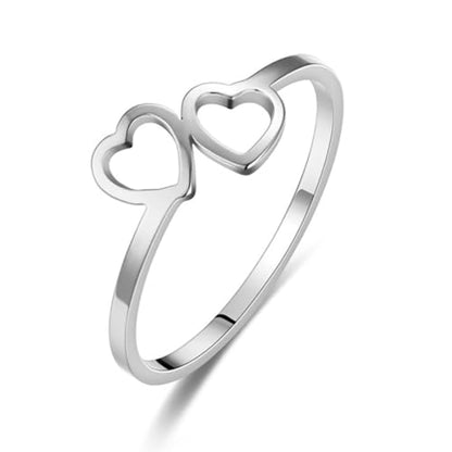 Love Plain Stacking Band Statement Wedding Promise Ring For Women | Stainless Steel, Cute Hollow Heart Design,Waterproof,Tarnish Resistant,Gift For Mother’s Day, Valentine’s Day, Christmas - color: Silver 2 Hearts