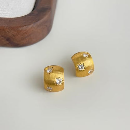 14K Gold Plated Women's Geometric Stud Earrings with Micro-Pave Zirconia, Semi-Curved Brushed Matte Finish,Elegant Light Luxury Jewelry Gift