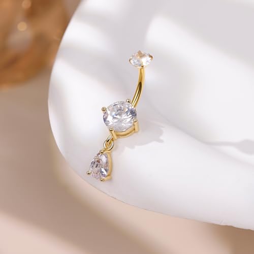 14G G23 Titanium Dangle Belly Button Ring for Women Dangling Belly Rings CZ Butterfly Teardrop Navel Rings Internally Threaded Curved Barbell Navel Piercing Jewelry - color: Gold-3
