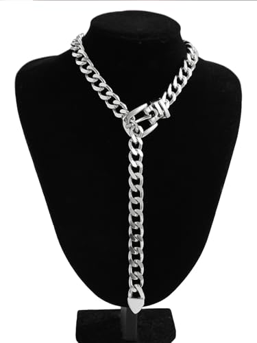 Cuban Link Chain Necklace Punk Belt Buckle Shaped Chunky Choker Necklace Statement Thick Chain Necklace Jewelry Gifts for Women Men - color: Style1-silver-long
