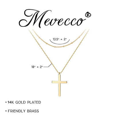 MEVECCO Dainty Pendant Layered Necklaces for Women | 18K Gold Plated Brass, 2-Piece Set With A Choker-Length Upper Layer, Wear Together Or Separately, Refined Everyday Style - style: layer cross