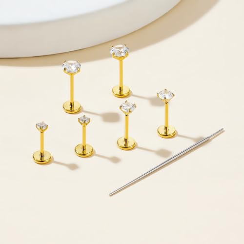 Gotumo 20G Flat Back Earrings Stud G23 Titanium Threadless Tragus Labret Cartilage Lip Medusa Conch Body Piercing Jewelry Hypoallergenic for Women Men - color: Gold 20G Bar-6/7/8mm&CZ-2/3/4mm