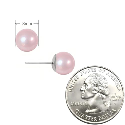 Light Pink Faux Pearl Stud Earrings, S925 Silver Posts Hypoallergenic for Women - size: 8mm