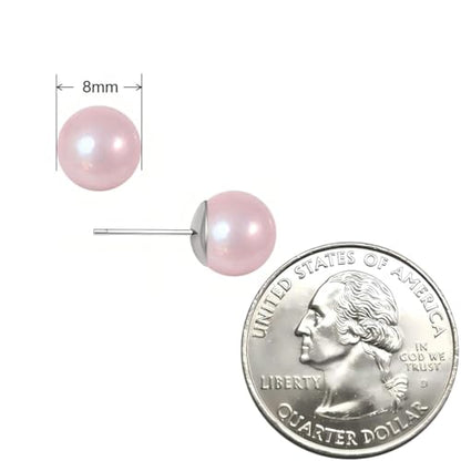 Light Pink Faux Pearl Stud Earrings, S925 Silver Posts Hypoallergenic for Women - size: 8mm