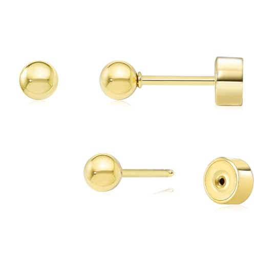 Sweetkiki Threadless Flat Back Earrings, 14K Gold Plated Ball Stud Earrings Hypoallergenic | Cartilage Earring | Helix Piercing Jewelry | Tragus Piercing Jewelry | Push in Flatback Earrings for Women Men - color: 14K Gold, size: 3 Millimeters