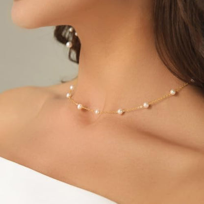Pearl Necklace for Women, Dainty Pearls Choker Necklace for Women 14K Gold Plated Layered Pendant Necklace Handmade Gold Chain Necklace Everyday Jewelry Gift - color: Satellite Pearl-Gold