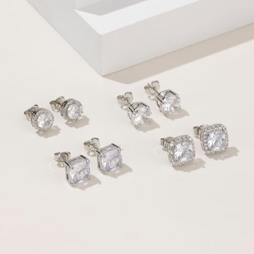Cubic Zirconia Stud Earrings for Women Men 14K Gold-Plated Halo Stud Earrings Hypoallergenic Earrings CZ Halo Stud Earrings for Sensitive Ears - style: B-SILVER