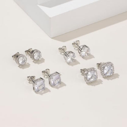Cubic Zirconia Stud Earrings for Women Men 14K Gold-Plated Halo Stud Earrings Hypoallergenic Earrings CZ Halo Stud Earrings for Sensitive Ears - style: B-SILVER