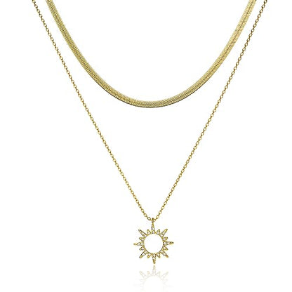 Moodear Gold Necklace for Women 14K Gold Plated Chain Necklace | Gold Chunky Necklace, Dainty Cuban Link Paperclip Chain Layered Necklace, Trendy Fashion Gift for Women Daily Wear - style: Sun pendant chain necklace