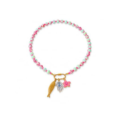 LIU JUN Colorful Beaded Necklace for Women, Chunky Boho Fish Starfish Conch Pendant Acrylic Bead Necklaces Cute Y2K Summer Beach Jewelry Gifts - color: Fish+Evil Eye
