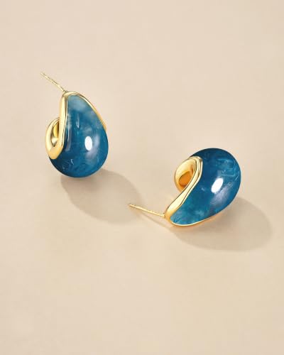 SNGIA Oval C Shape Chunky Dangle 18K Gold Plated Hoops with Colored Resin Gemstone Statement Earrings for Women by SNGIA, (Green, Brown, Blue, Pink, White, Cream), Long Bold Drop Handmade Exaggerated Irregular Trendy Bohemian Jewelry Gifts, Unique Danglin