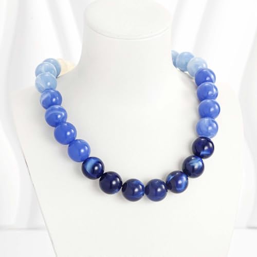 Chunky Beaded Necklace for Women Boho Statement Bead Necklace | Adjustable, Lightweight Choker, Round/Oval/Pebble Beads, Trendy Summer Beach Jewelry - color: Blue Ombre