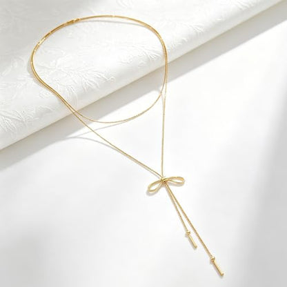 YUJIE Long Gold Y Necklace for Women - Adjustable Lariat Pendant Snake Chain, 14K Gold Plated Dainty Teardrop Necklace for Trendy & Formal Wear - color: bow