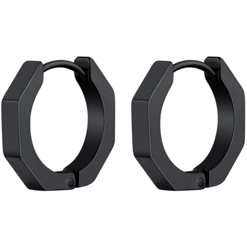 ChainsHouse Stud Earrings for Men Women,316L Stainless Steel/14K Gold/Black Plated Metal, Punk Hypoallergenic Surgical Huggie Hoop Earrings Mens Jewelry Piercing Hoop Earrings - style: E: Black-Octagon(1 Pair)