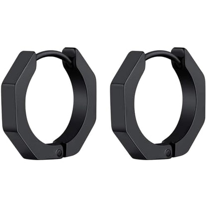 ChainsHouse Stud Earrings for Men Women,316L Stainless Steel/14K Gold/Black Plated Metal, Punk Hypoallergenic Surgical Huggie Hoop Earrings Mens Jewelry Piercing Hoop Earrings - style: E: Black-Octagon(1 Pair)