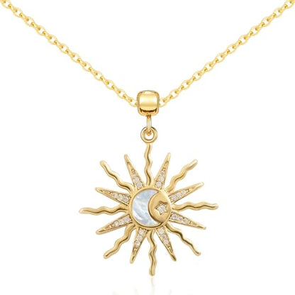 Dainty 14k Plated Gold Sun Necklace for Women, Trendy CZ Sunburst Pendant Necklace Non Tarnish Jewelry for Gifts - style: Shell