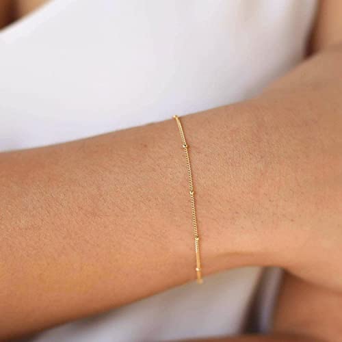 Womens Dainty Gold Chain Bracelet,Simple Layered Chain Bracelets,Beaded Turquoise Bracelet,Charm Crystal Bar,Heart,Karma,Triangle,Pearl Bracelets for Women - color: Satellite-Gold