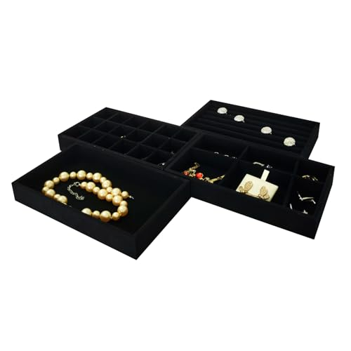 Stackable Jewelry Trays Velvet Drawer Organizer Inserts Tray Jewelry Storage Display Case for Rings,Stud Necklaces,Earrings (Black) - color: Black