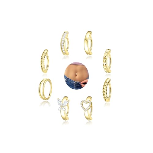 Kenivira 8 Pcs Belly Button Ring Hypoallergenic Surgical Steel CZ Belly Button Rings For Women Clicker Navel Piercing Jewelry - color: Gold