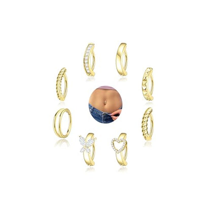 Kenivira 8 Pcs Belly Button Ring Hypoallergenic Surgical Steel CZ Belly Button Rings For Women Clicker Navel Piercing Jewelry - color: Gold