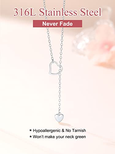 FOCALOOK Heart Lariat Necklaces for Women, Long Slip Chain Necklace | Hypoallergenic 316L Stainless Steel Silver/Black/Gold Plated, Front Slider Closure, Non Tarnish, Layered look, Everyday Wear - color: 05:SIlver Heart-Custom