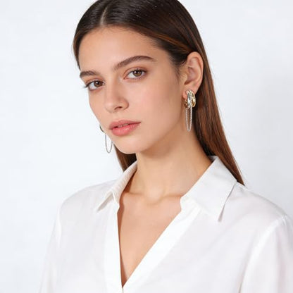 Two-Tone Chain Drop Clip-On Earrings Drop Clip On Earrings for Women No Piercings Statement Gold and Silver Studs Modern Jewelry