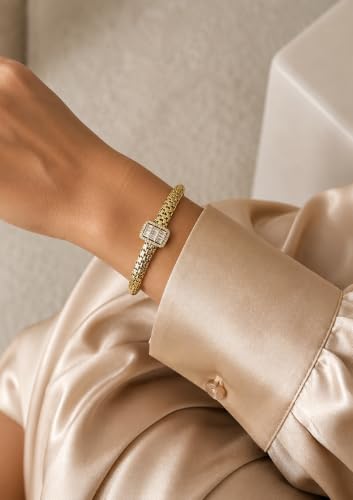 Diva Charm Gold Crystal Bangle Bracelet for Women, Stainless Steel Hinged Cuff Bracelet with Baguette Cubic Zirconia, Elegant Statement Jewellery