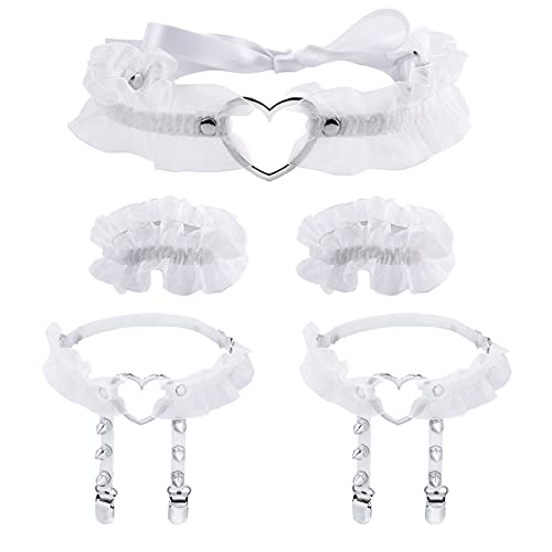 Eigso Velvet Gothic Garter for Women Heart Leg Ring with Rivets Elastic Lace Bracelets Choker Set - color: White