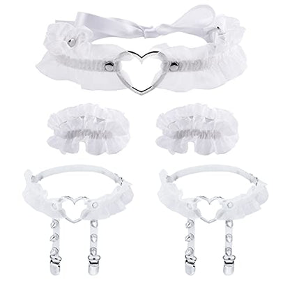 Eigso Velvet Gothic Garter for Women Heart Leg Ring with Rivets Elastic Lace Bracelets Choker Set - color: White