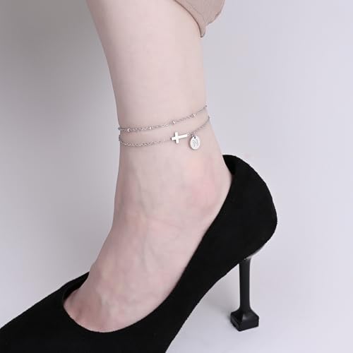 Gold Cross Ankle Bracelets for Women | Anklets for Women Waterproof with Initial Charm (A-Z) | Non Tarnish Summer Beach Jewelry Gifts for Her - color: Silver N
