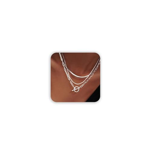 Freekiss 3-Piece Layered Toggle Necklace for Women | Gold/Silver necklace set with herringbone, rope, and paperclip chains plus a toggle clasp for layering, parties, and gifts - color: 3-Piece Paperclip Silver