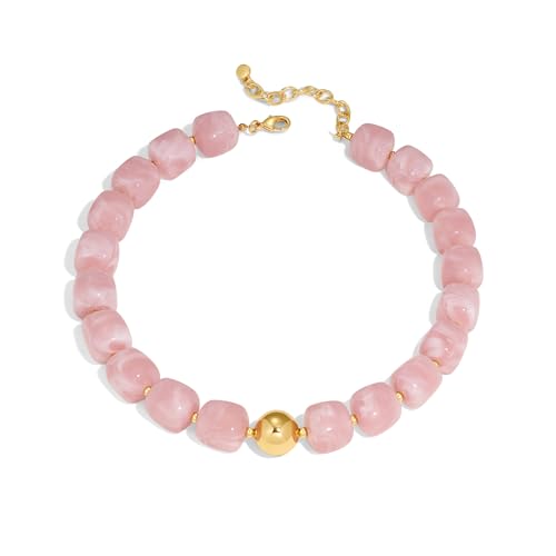 Chunky Beaded Necklace for Women Boho Statement Bead Necklace Adjustable Choker with Polished Disc/Square Beads Trendy Summer Beach Jewelry Gifts - color: Light Pink