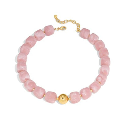 Chunky Beaded Necklace for Women Boho Statement Bead Necklace Adjustable Choker with Polished Disc/Square Beads Trendy Summer Beach Jewelry Gifts - color: Light Pink