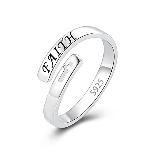 Fookduoduo 925 Sterling Silver Ring Inspirational Jewelry adjustable Wrap Open Rings for Women - style: faith ring
