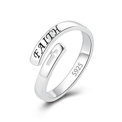 Fookduoduo 925 Sterling Silver Ring Inspirational Jewelry adjustable Wrap Open Rings for Women - style: faith ring