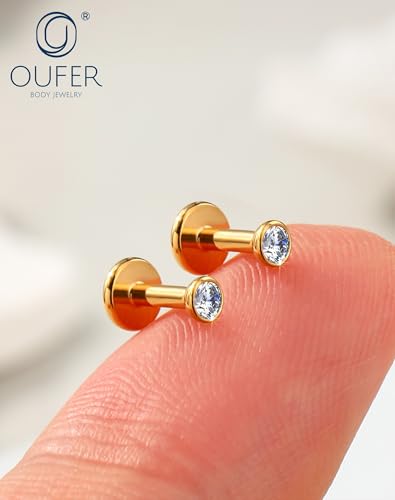 OUFER 2Pcs 20G/18G/16G G23 Titanium Threadless Nose Stud Earrings Flat Back Tiny CZ Small Nose Helix Cartilage Tragus Conch Labret Medusa Monroe Piercing Jewelry for Women Men - color: Gold, size: 2pcs, 16g 6mm, 4mm cz