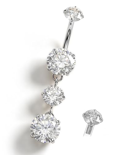 Jstyle G23 Titanium Belly Button Rings for Women 14G Internal Threaded | 14G Dangling Navel Ring, Hypoallergenic Belly Button Bar with Spacking AAAAA+ Cubic Zirconia, 10mm Bar Length Belly Piercing - color: Silver Tone: Dangling