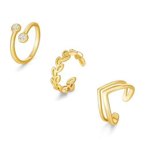 3PCS Toe Rings for Women 14K Gold Filled Adjustable Toe Ring Set Cute CZ Leaf Double Band Open Toe Rings Sterling Silver Plated Hawaiian Beach Summer Foot Jewelry - color: A-Gold