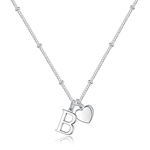 Heart Initial Necklaces for Girls, Letter A-Z Silver Necklace | Silver Plated, Heart Initial Necklaces for Girls, Necklace for Women, Teen Girl Gifts, Dainty Heart Necklaces, Birthday Gifts - color: B