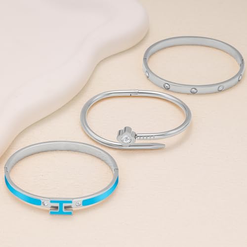 3Pcs Gold Bracelets for Women 14K Gold Plated Love/H/Nail Bangle Bracelet Dainty Non Tarnish Bracelet Jewelry Christmas Mothers Day Gifts for Women - color: 3Pcs Silver/Blue H bracelet