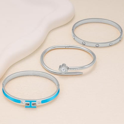 3Pcs Gold Bracelets for Women 14K Gold Plated Love/H/Nail Bangle Bracelet Dainty Non Tarnish Bracelet Jewelry Christmas Mothers Day Gifts for Women - color: 3Pcs Silver/Blue H bracelet