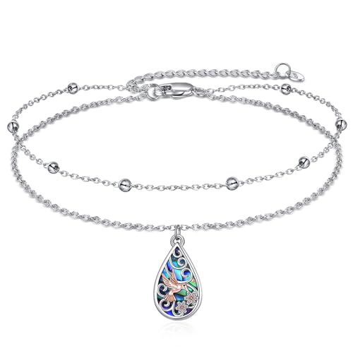 POPLYKE 925 Sterling Silver Double Layered Chain Evil Eye Daisy Sunflower Butterfly Anklets for Women Holiday Beach Crystal Ankle Bracelet Dainty Evil Eye Jewelry - style: Abalone Hummingbird Anklet