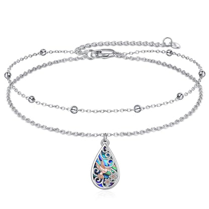 POPLYKE 925 Sterling Silver Double Layered Chain Evil Eye Daisy Sunflower Butterfly Anklets for Women Holiday Beach Crystal Ankle Bracelet Dainty Evil Eye Jewelry - style: Abalone Hummingbird Anklet
