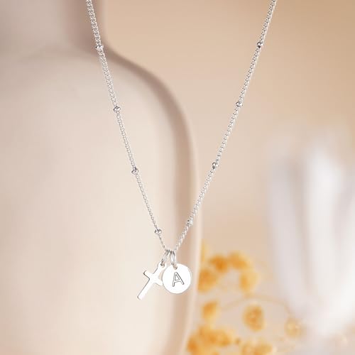 Turandoss Cross Necklaces for Girls, Faith Baptism Jewelry Birthday Gifts | 14K Gold Plated Initial A-Z Cross Pendant Necklace Trendy Birthday Jewelry Gifts for 8 9 10 11 12 13 14 15 16 Teen Girls - color: Silver-L