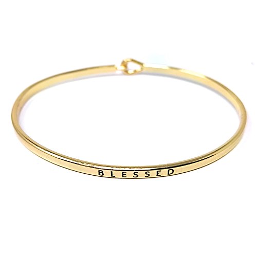 by you Inspirational Positive Message Engraved Thin Cuff Bangle Hook Bracelet - color: Blessed-Gold