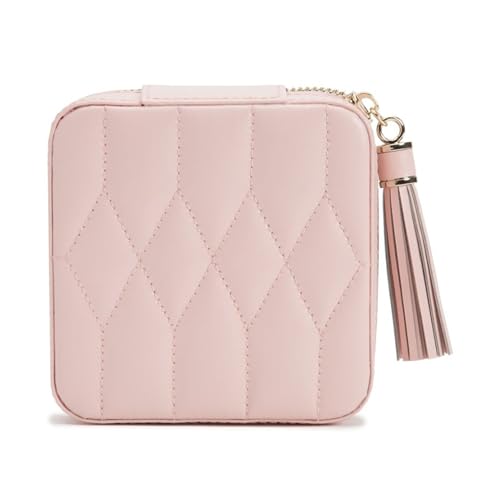 WOLF Caroline Zip Travel Case, Rose Quartz - Seven Ring Rolls, Four Compartments, Three Necklace Hooks & Pocket - Anti-Tarnish LusterLoc Lining
